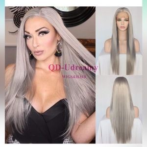 Grey Long Silky Straight Synthetic Hair Heat Resistant Hair Lace Front Wig 24 In